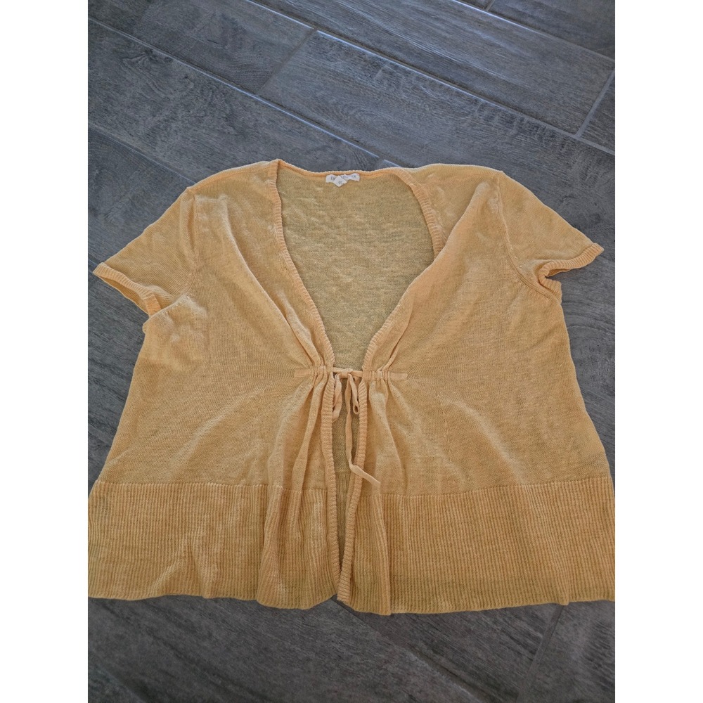 Eileen Fisher Women Yellow Short Sleeve Linen Open Front Cardigan Sweater Medium